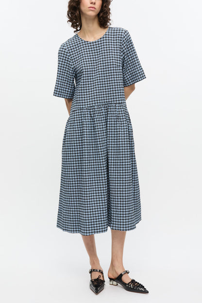 Blue Seersucker Check Midi Dress