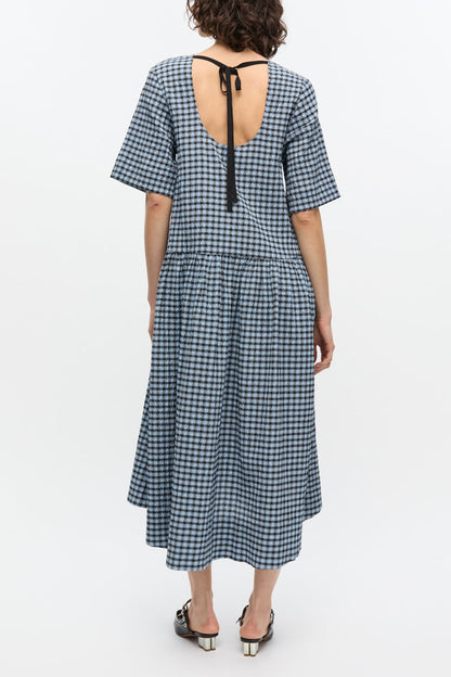 Blue Seersucker Check Midi Dress