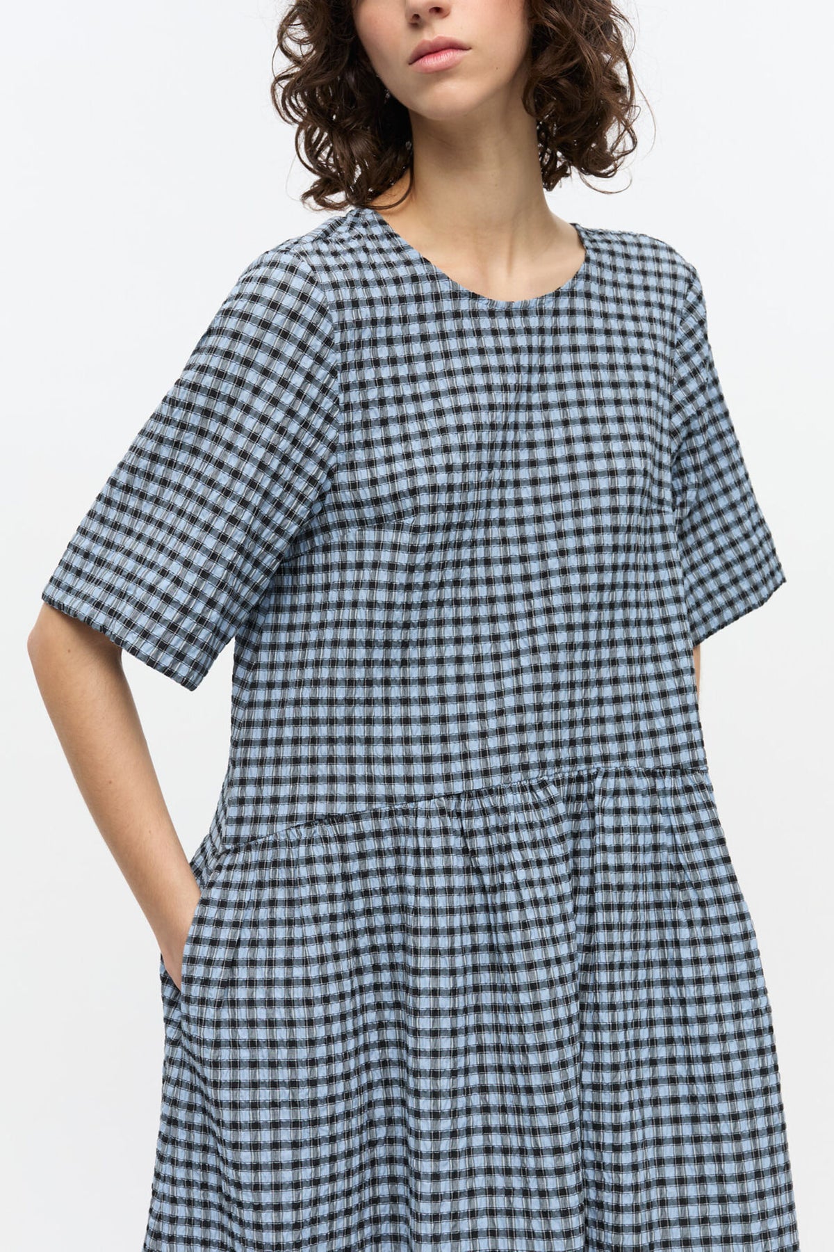 Blue Seersucker Check Midi Dress