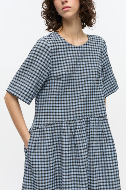 Blue Seersucker Check Midi Dress