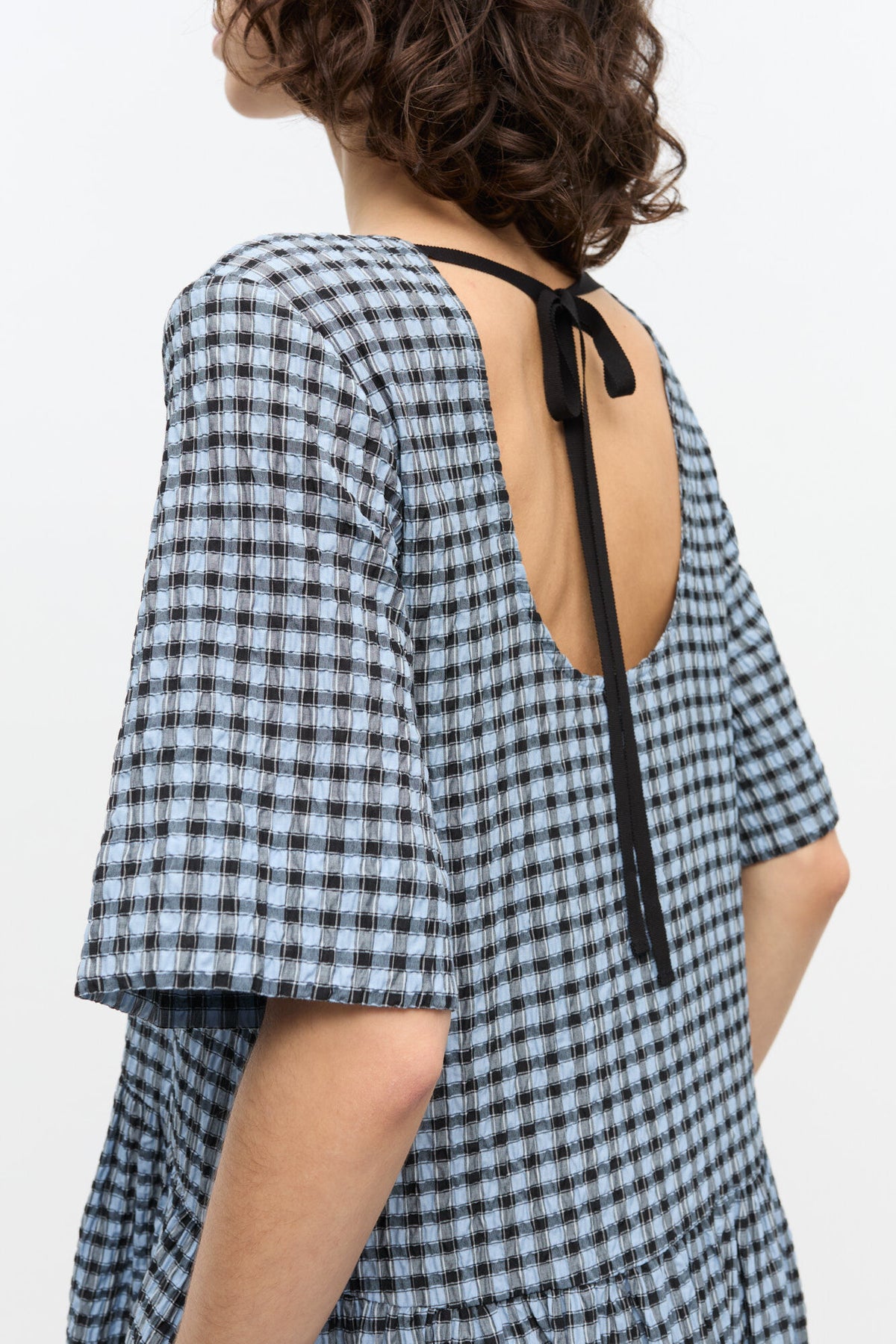Blue Seersucker Check Midi Dress