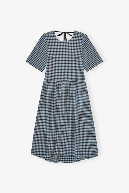 Blue Seersucker Check Midi Dress