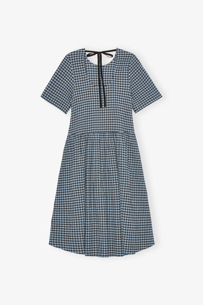 Blue Seersucker Check Midi Dress