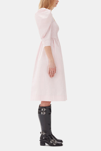 Pink Cotton Poplin Open Neck Smock Dress