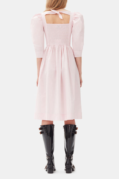 Pink Cotton Poplin Open Neck Smock Dress
