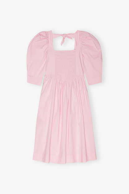 Pink Cotton Poplin Open Neck Smock Dress