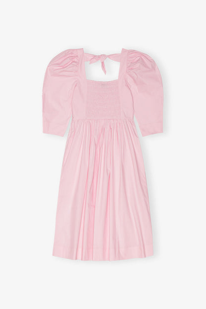 Pink Cotton Poplin Open Neck Smock Dress