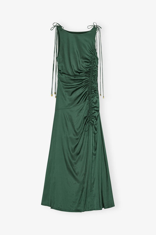 Green Satin Gathered Dress