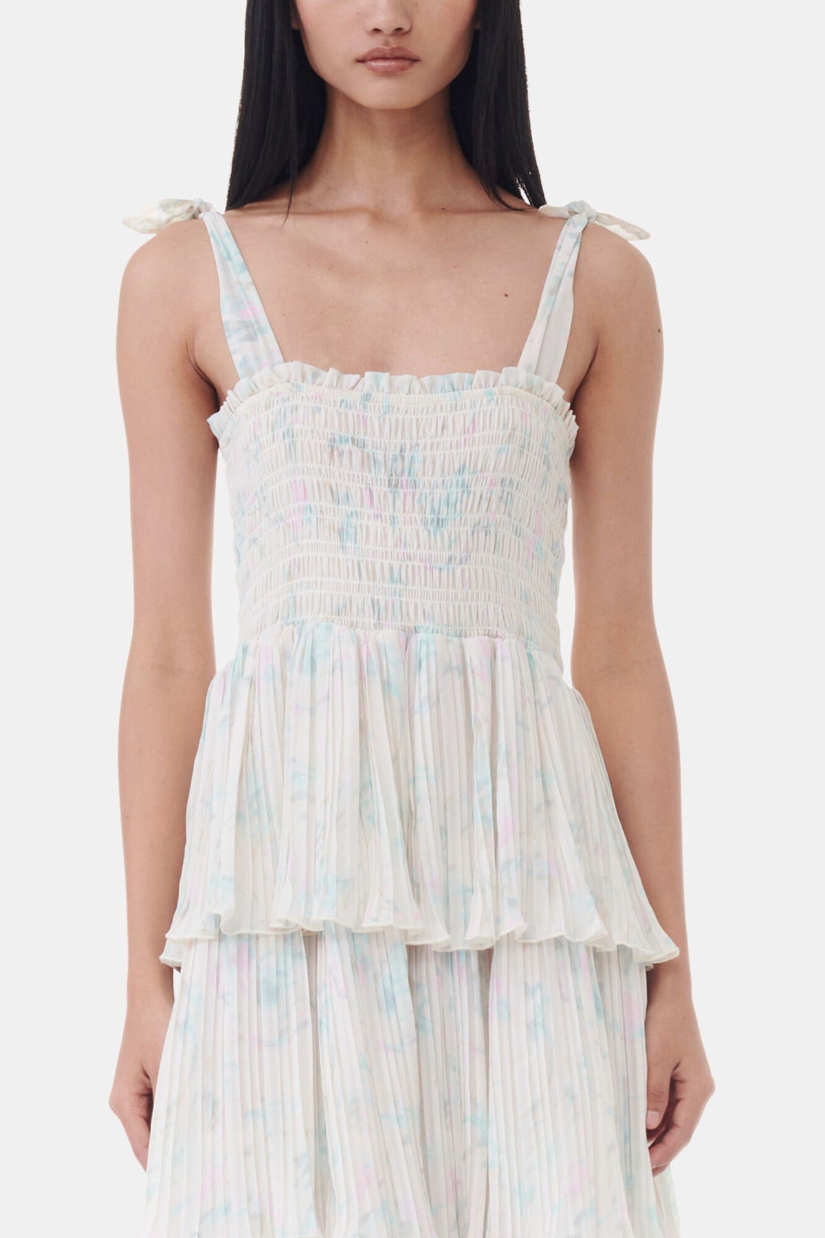 Floral Printed Pleated Georgette Strap Smock Midi Dress