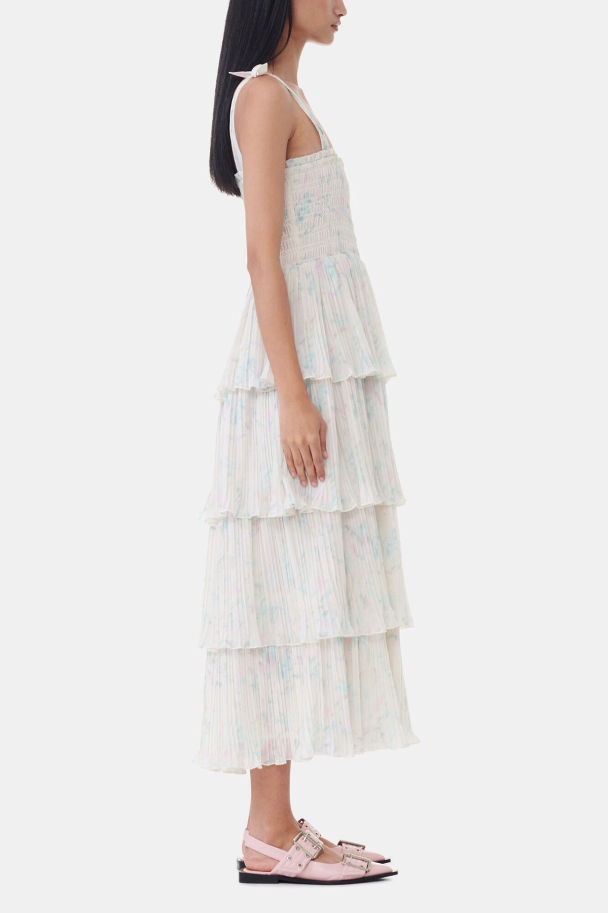 Floral Printed Pleated Georgette Strap Smock Midi Dress