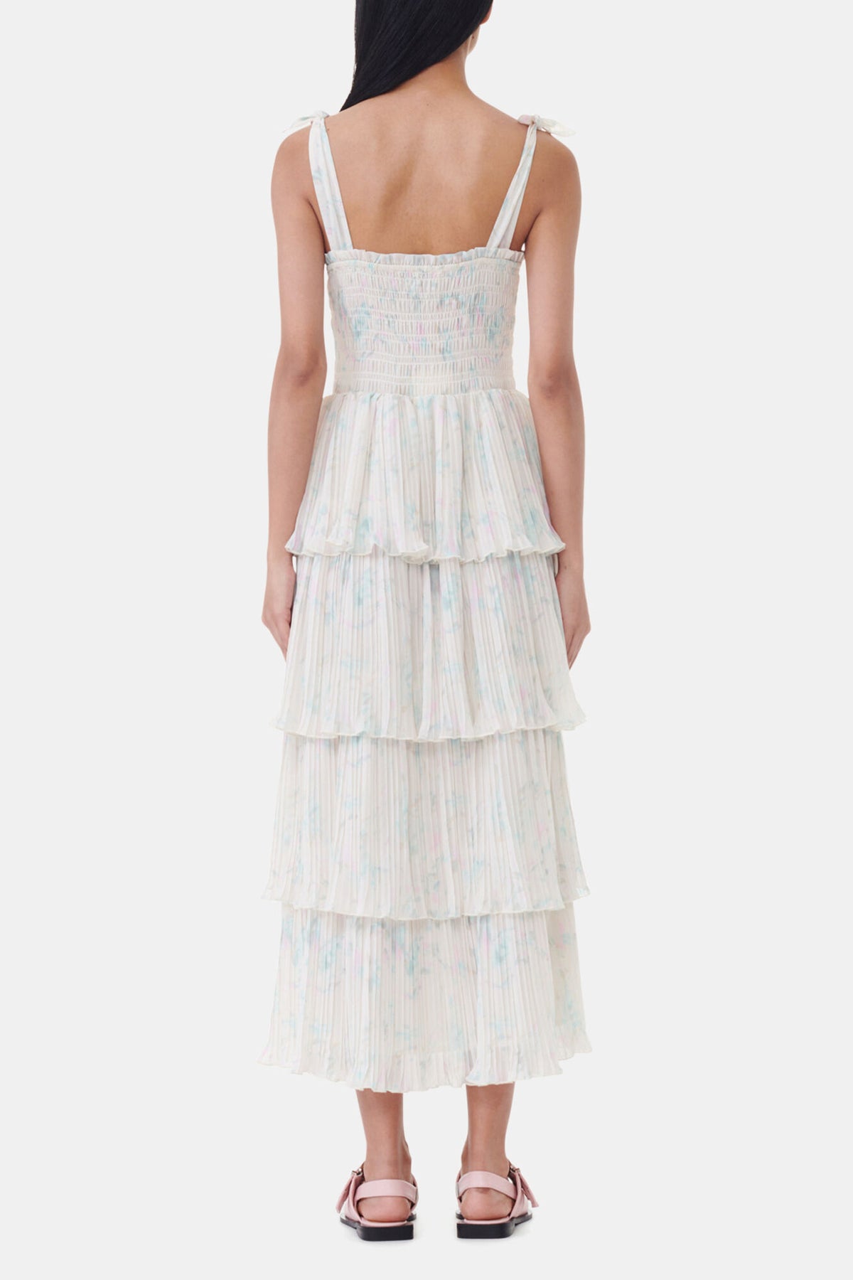 Floral Printed Pleated Georgette Strap Smock Midi Dress