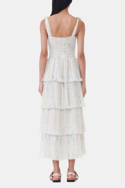 Floral Printed Pleated Georgette Strap Smock Midi Dress