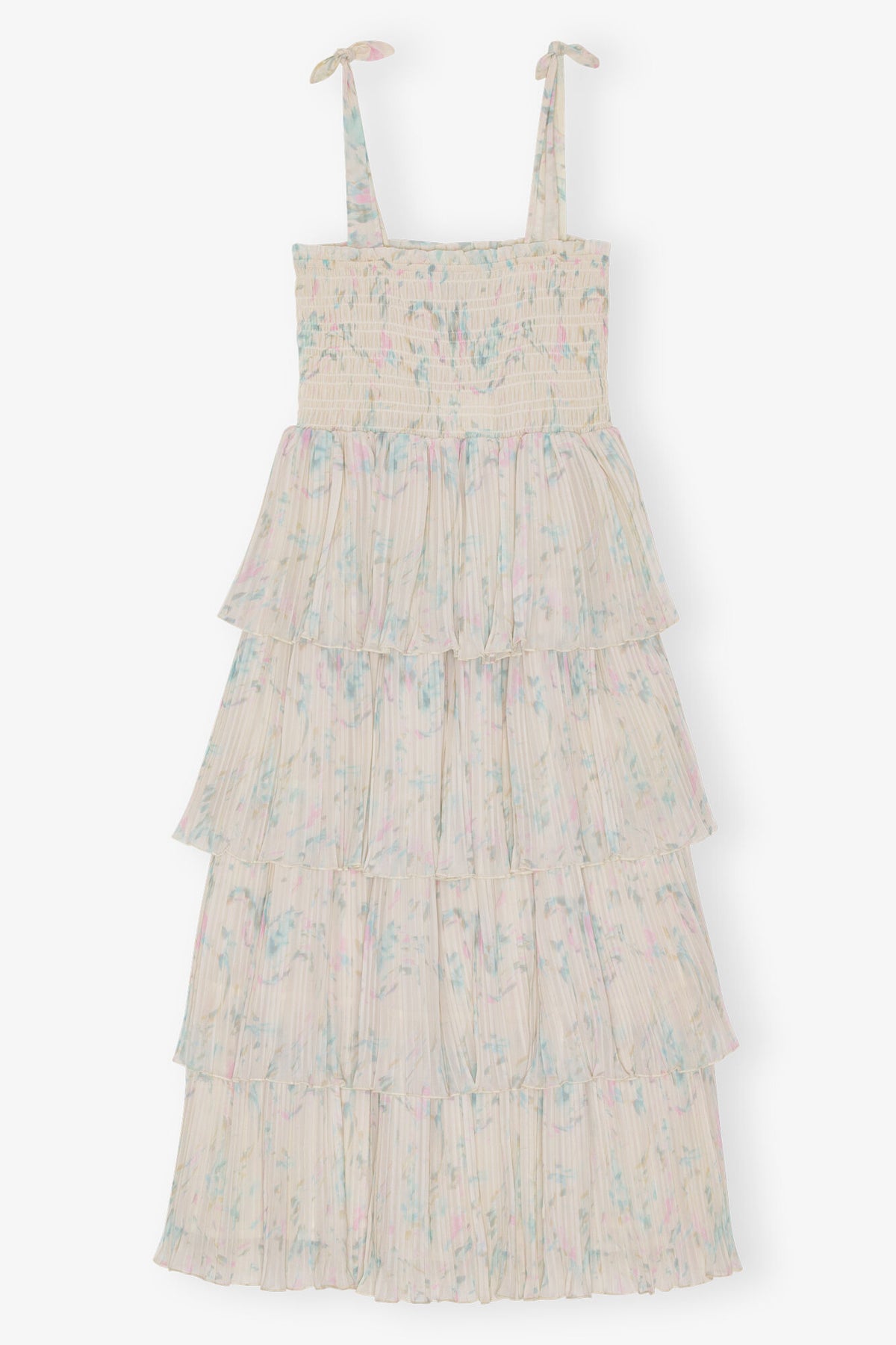 Floral Printed Pleated Georgette Strap Smock Midi Dress