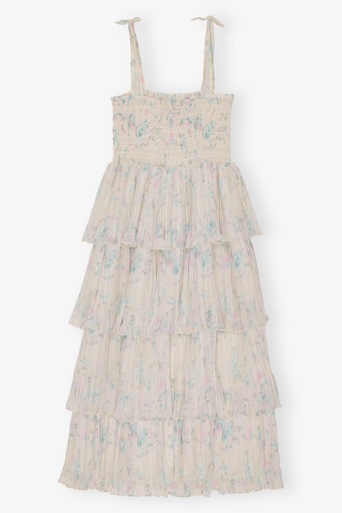 Floral Printed Pleated Georgette Strap Smock Midi Dress