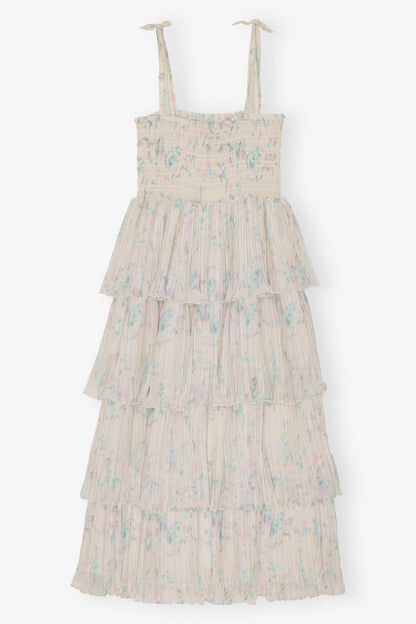 Floral Printed Pleated Georgette Strap Smock Midi Dress
