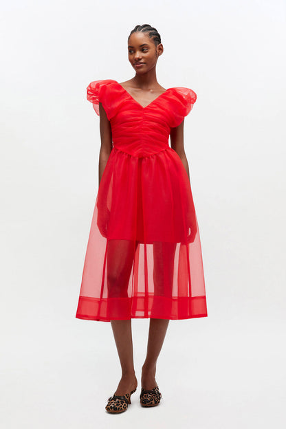 Red Organza Ruched Dress