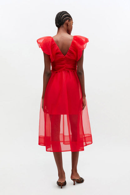 Red Organza Ruched Dress