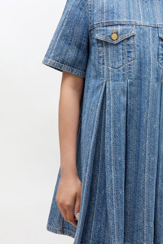 Striped Denim Pleated Dress
