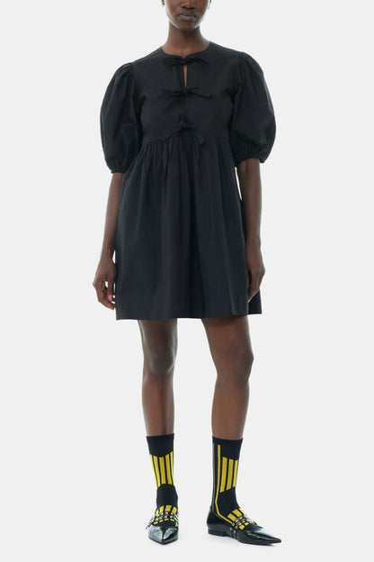 Black Cotton Poplin Tie String Mini Dress