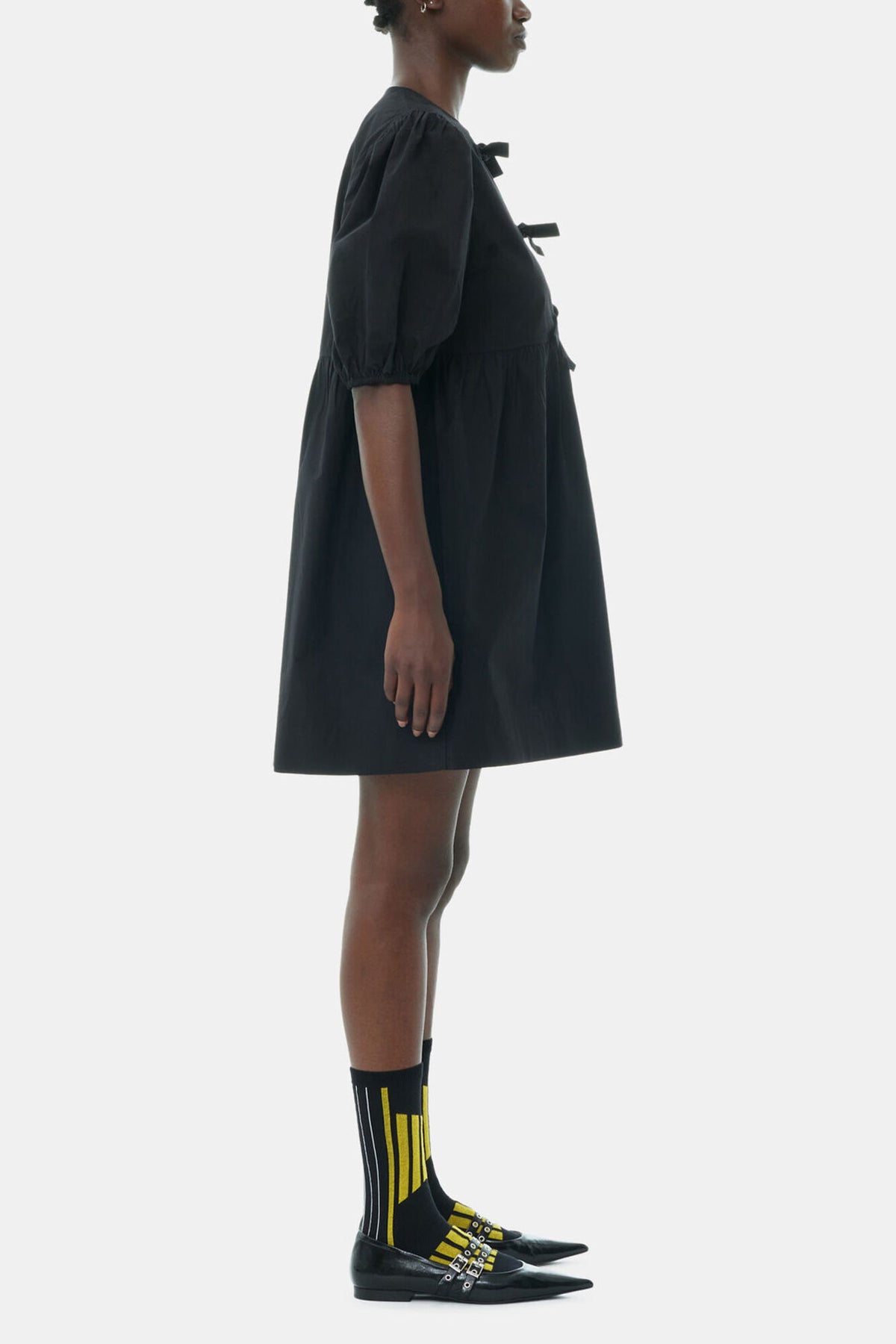 Black Cotton Poplin Tie String Mini Dress