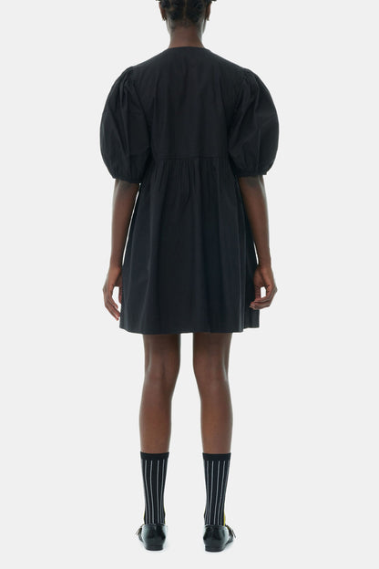 Black Cotton Poplin Tie String Mini Dress