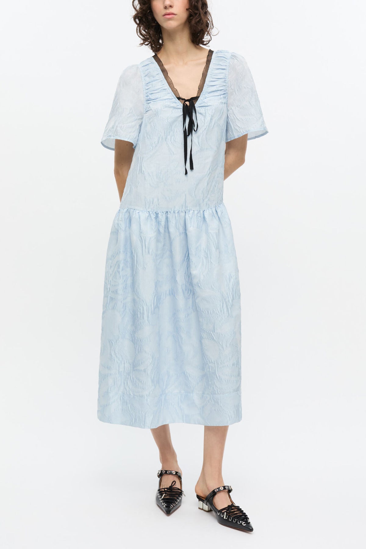 Blue Textured Cloque Midi Dress