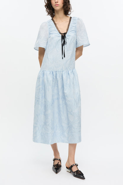 Blue Textured Cloque Midi Dress