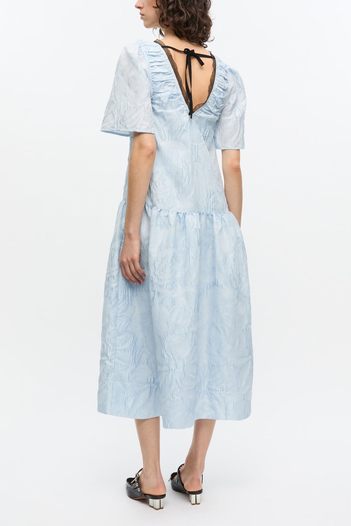 Blue Textured Cloque Midi Dress