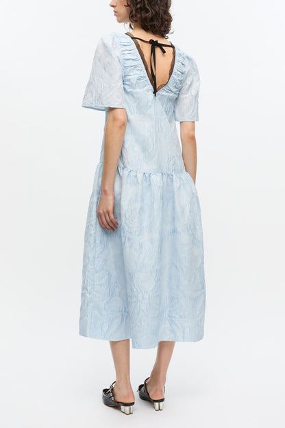 Blue Textured Cloque Midi Dress
