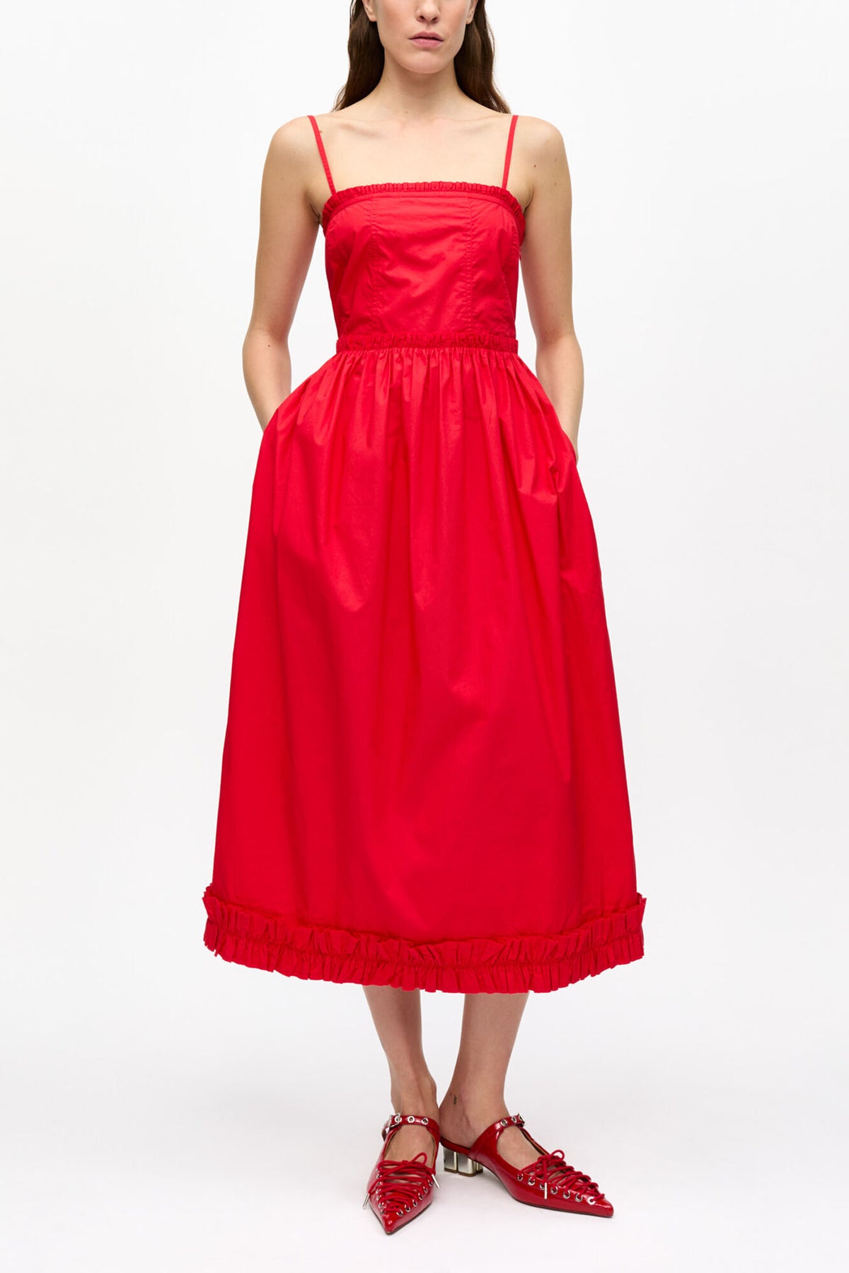 Red Cotton Poplin Strap Dress