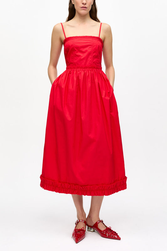 Red Cotton Poplin Strap Dress