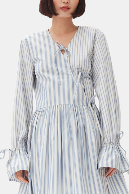 Blue Stripe Cotton Mini Wrap Dress