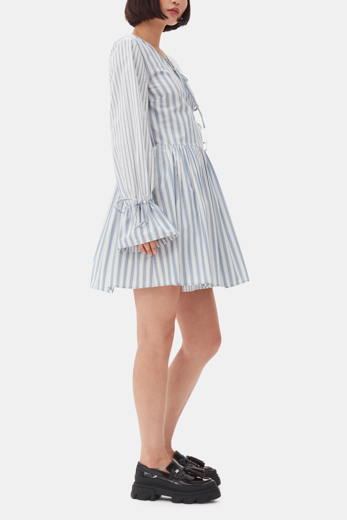 Blue Stripe Cotton Mini Wrap Dress
