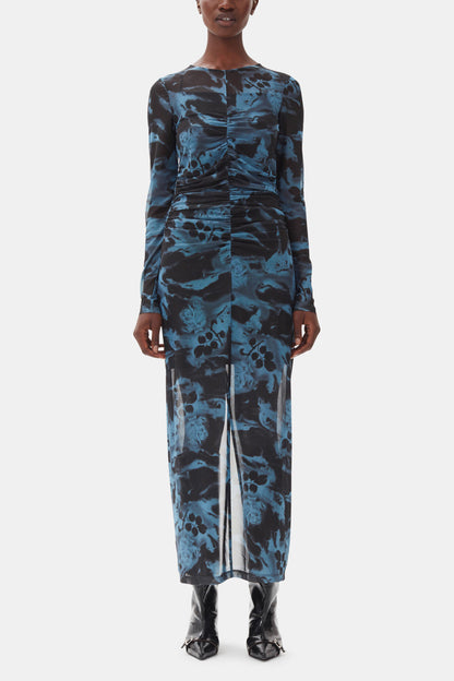 Blue Printed Mesh O-neck Ruched Long Dress
