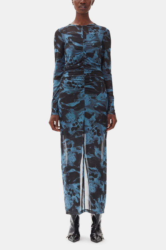 Blue Printed Mesh O-neck Ruched Long Dress