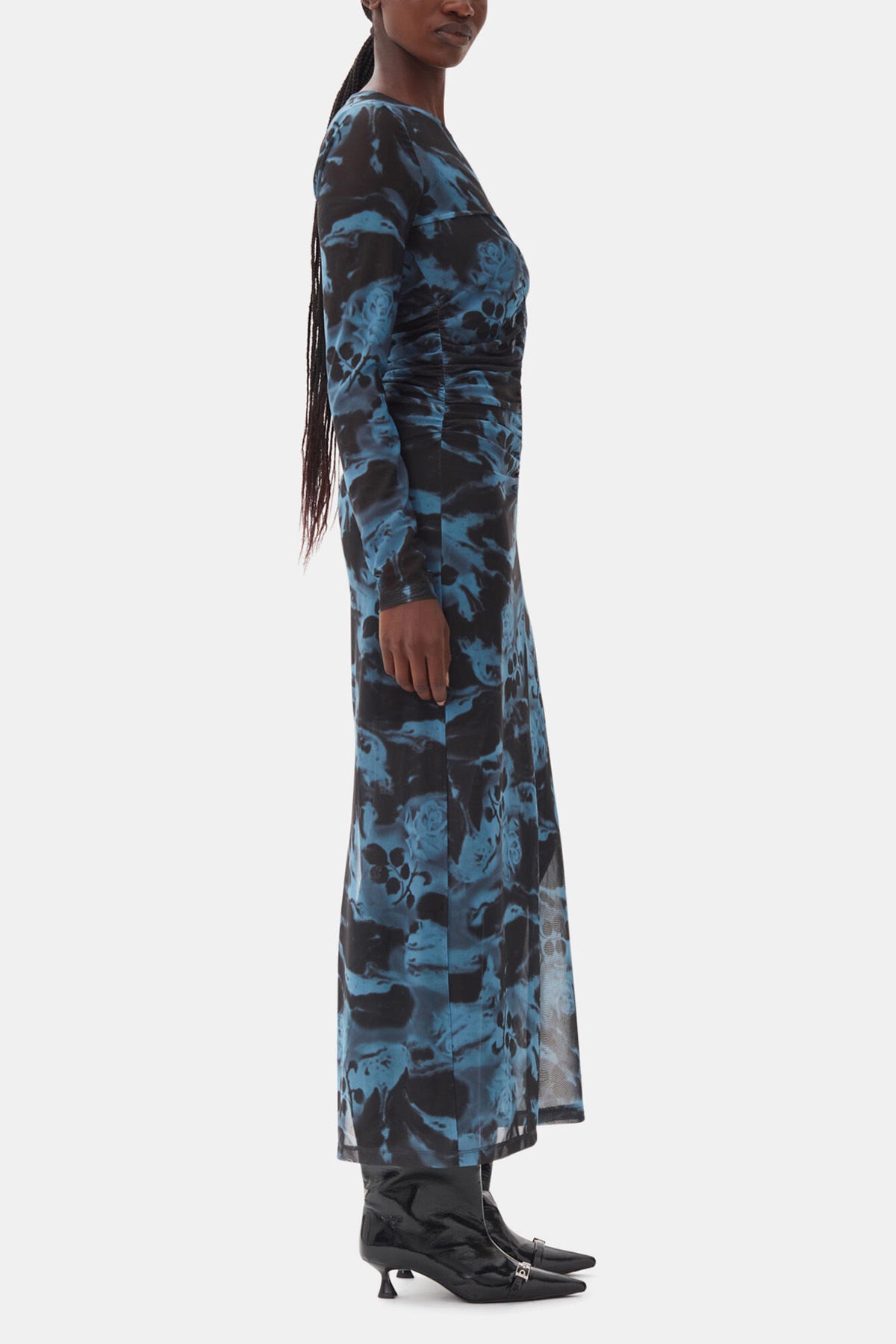 Blue Printed Mesh O-neck Ruched Long Dress
