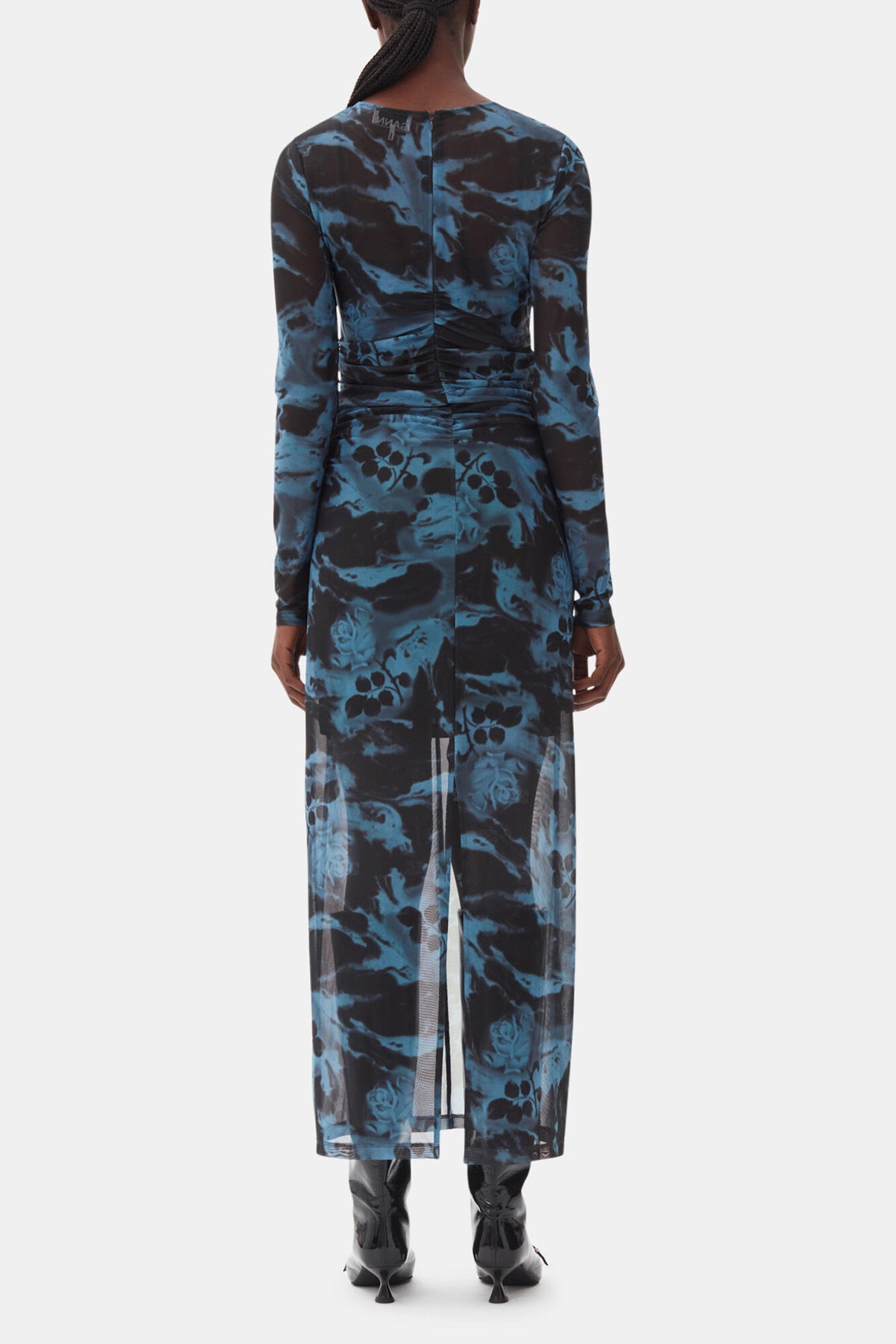Blue Printed Mesh O-neck Ruched Long Dress