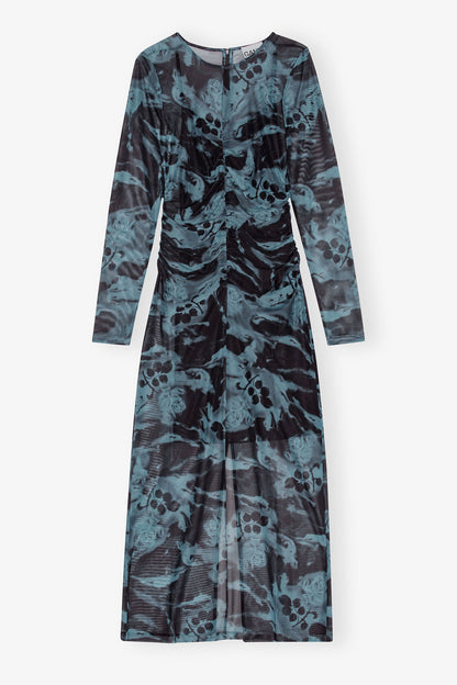Blue Printed Mesh O-neck Ruched Long Dress