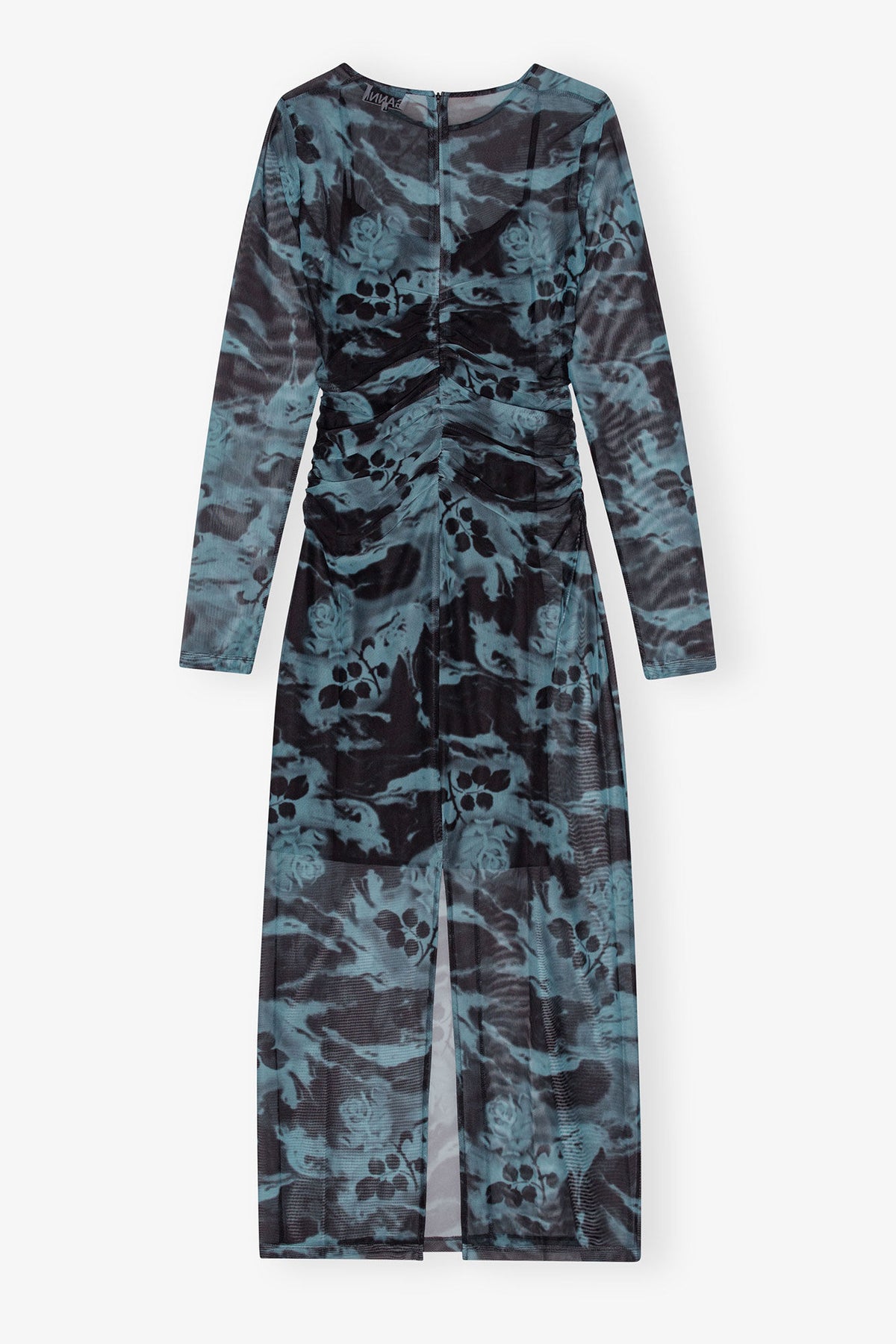 Blue Printed Mesh O-neck Ruched Long Dress