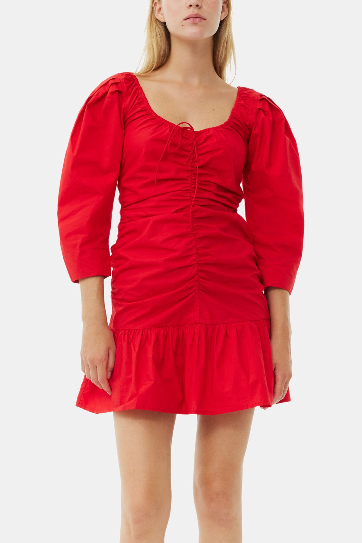 Red Cotton Poplin Gathered U-neck Mini Dress