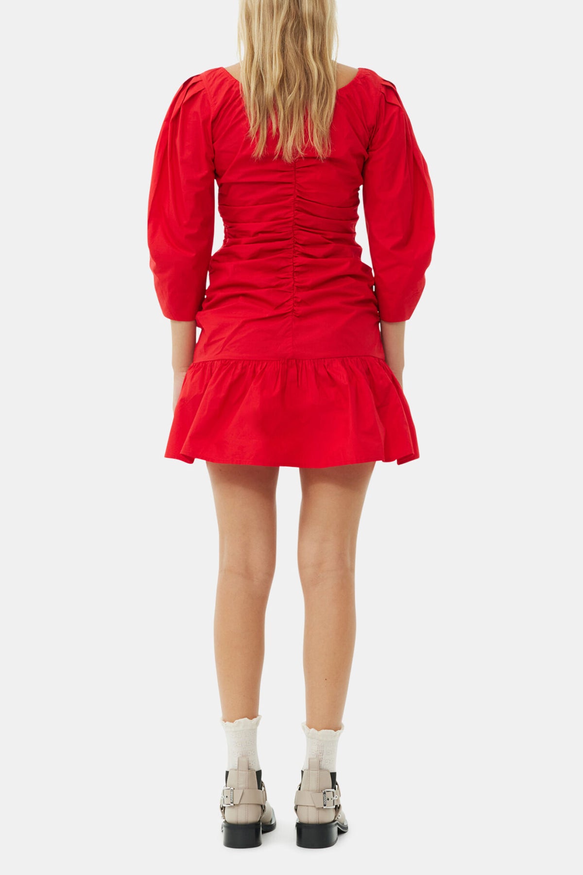 Red Cotton Poplin Gathered U-neck Mini Dress