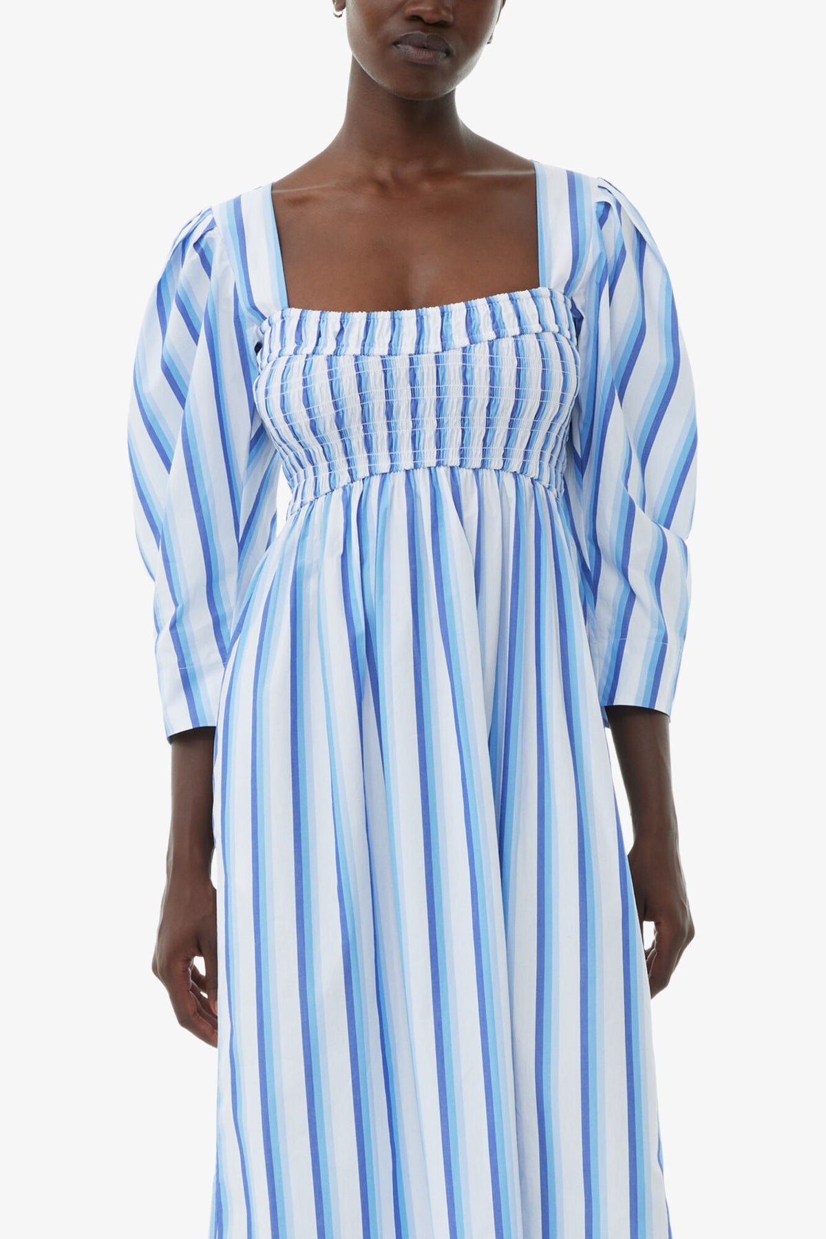 Blue Striped Cotton Smock Long Dress
