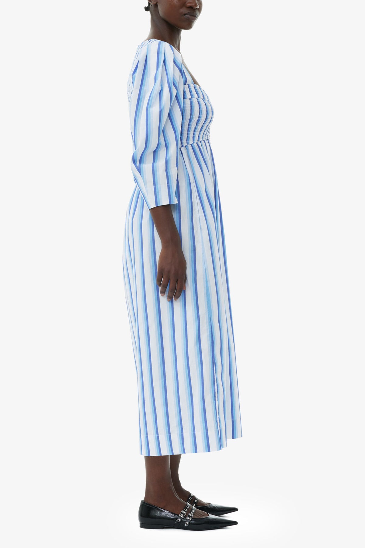Blue Striped Cotton Smock Long Dress