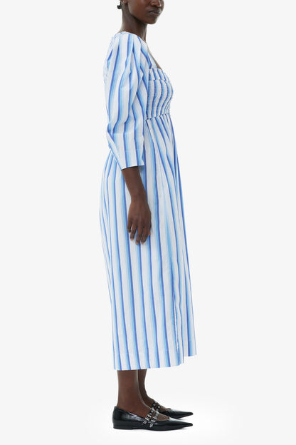 Blue Striped Cotton Smock Long Dress