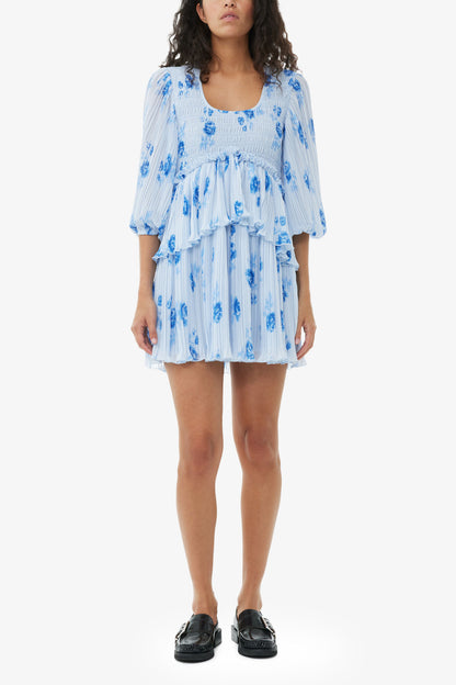 Blue Pleated Georgette Flounce Smock Mini Dress