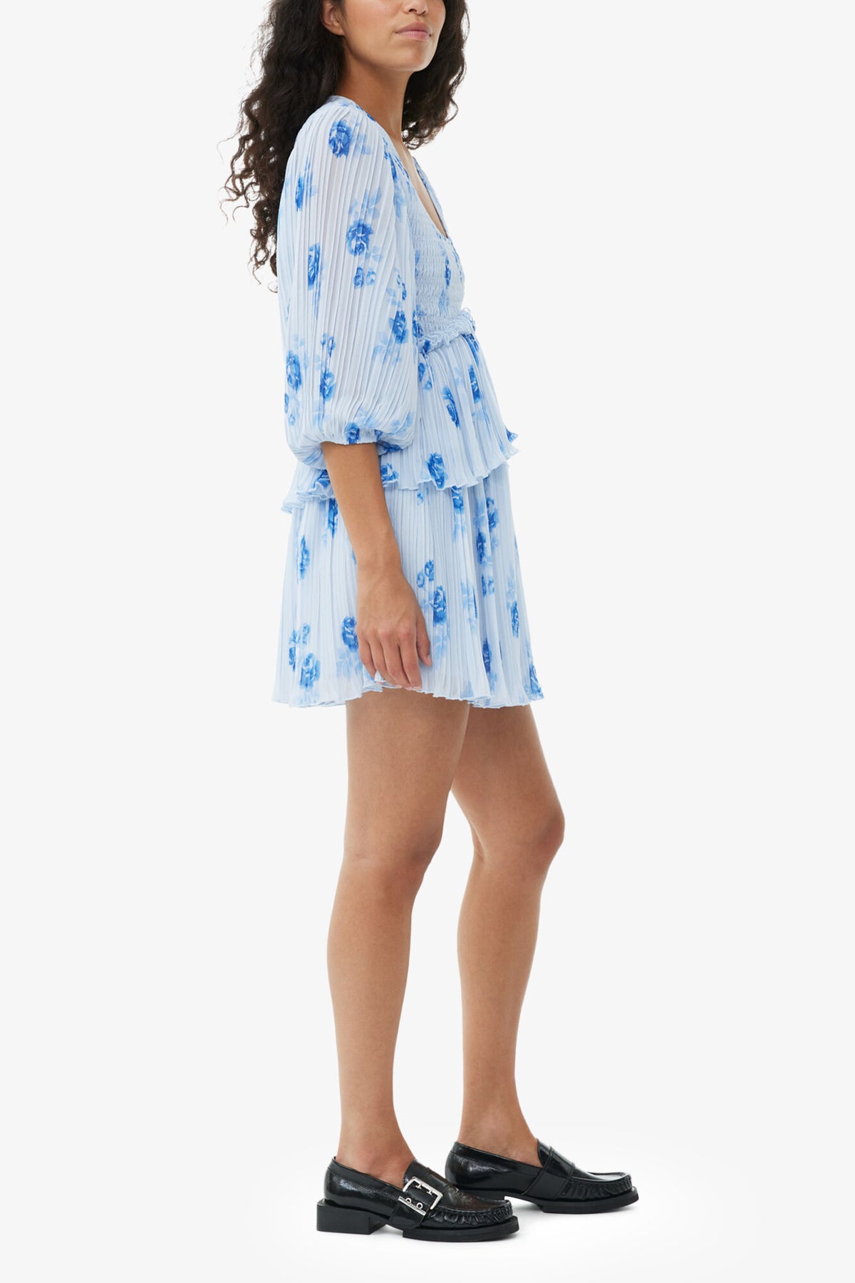 Blue Pleated Georgette Flounce Smock Mini Dress