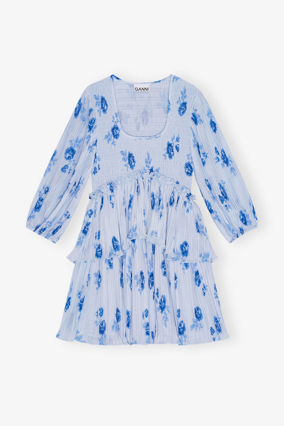 Blue Pleated Georgette Flounce Smock Mini Dress