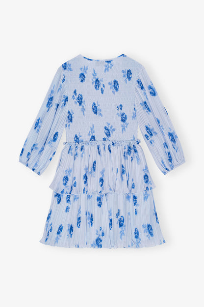 Blue Pleated Georgette Flounce Smock Mini Dress