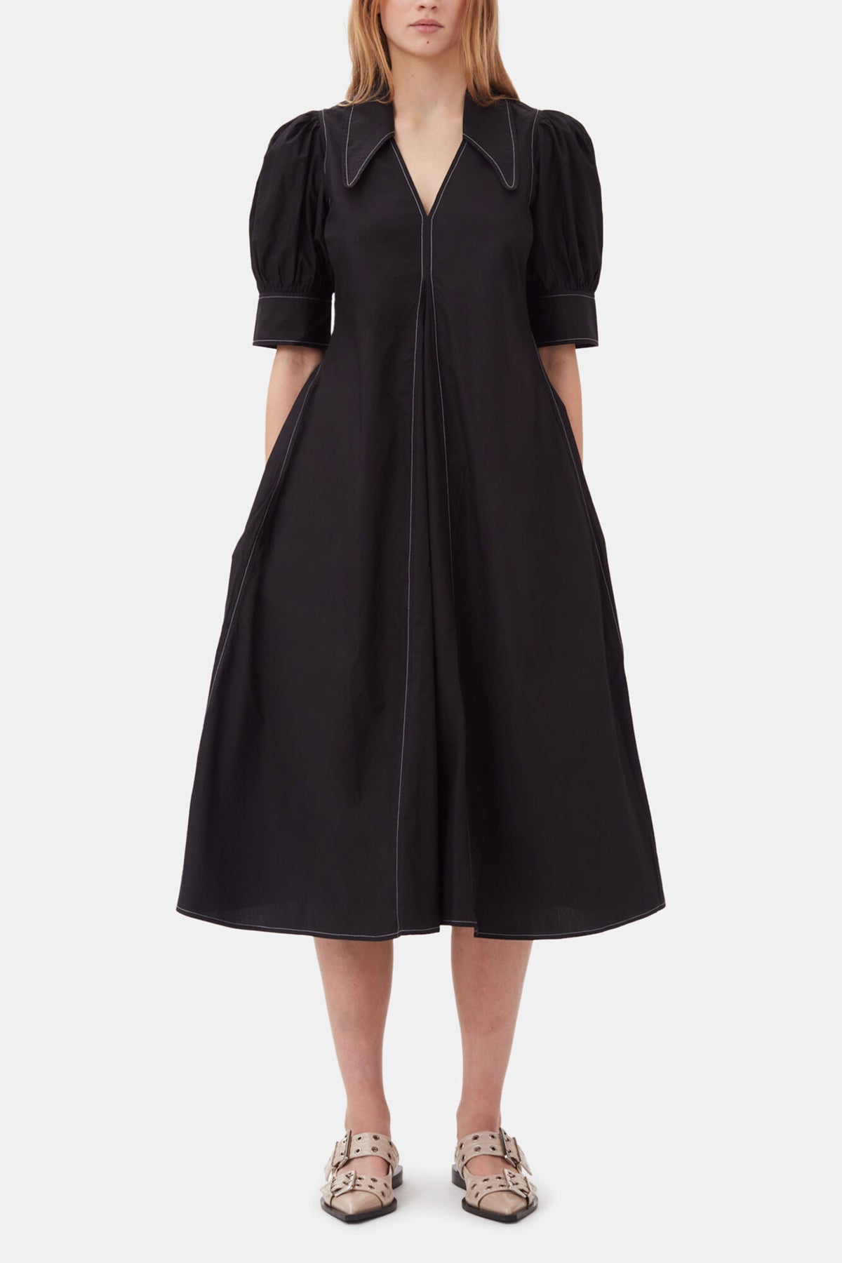 Cotton Poplin V-Neck Midi Dress