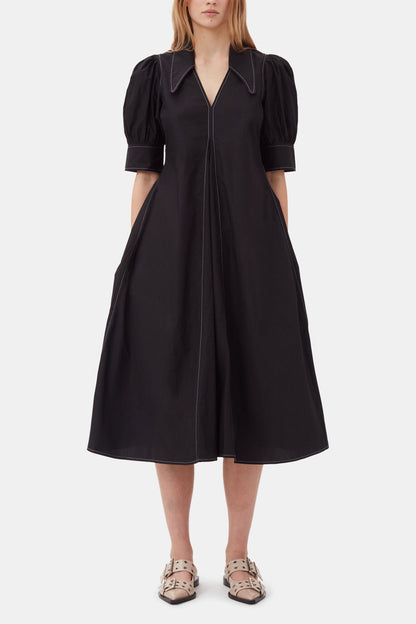 Cotton Poplin V-Neck Midi Dress